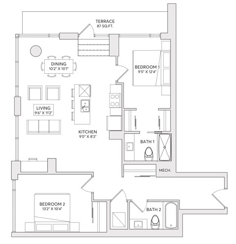A floor plan of a house with two bedrooms, a living area, a kitchen, a dining area, and two bathrooms.